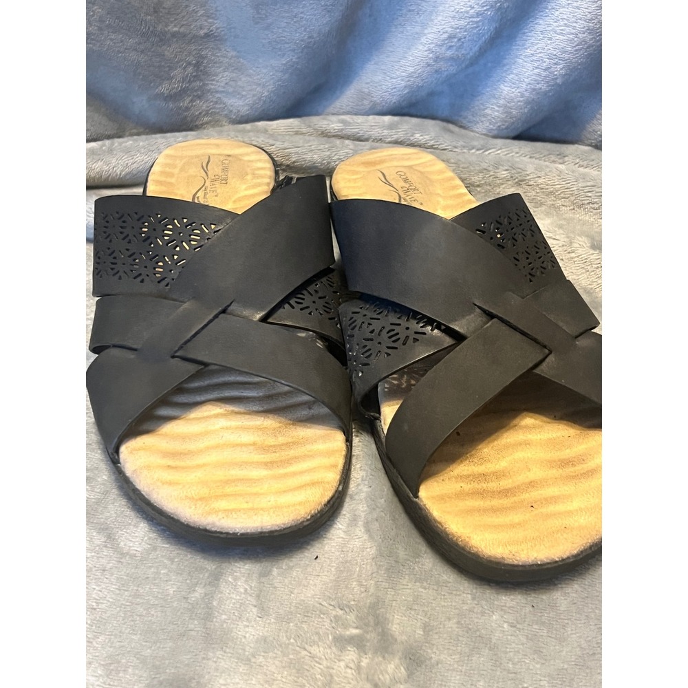 Comfort Wave Cork Wedge Sandals Women's‎ Size 11 Black Floral Cutout Slides